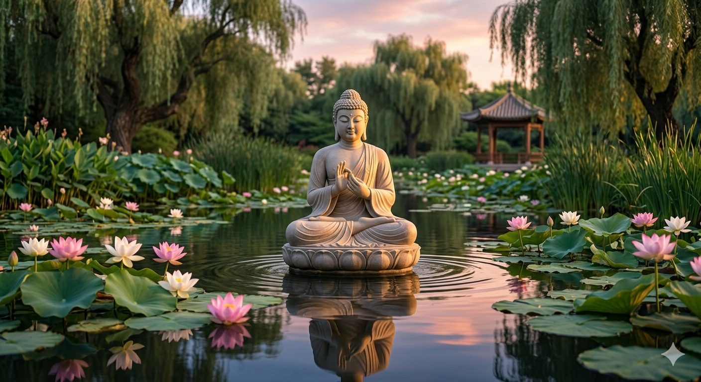 Buddha statue in serene lotus pond with willow trees